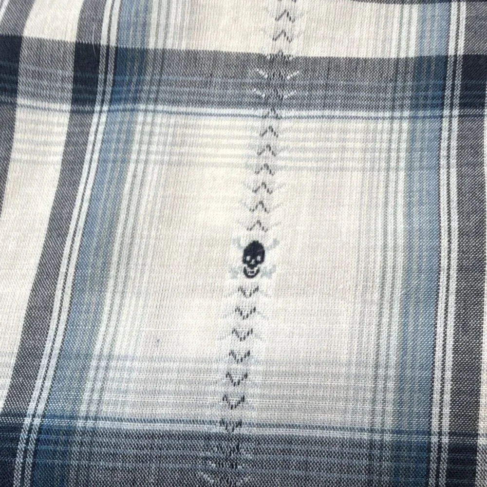 Levi's Mens Blue White Plaid Short Sleeve Pearl Button-Up Shirt Skull Graphic L